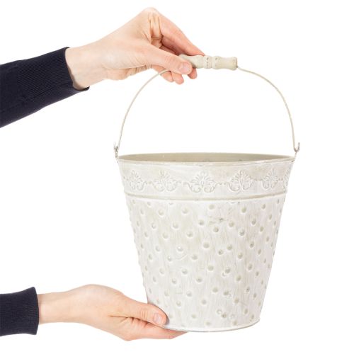Cubo decorativo, blanqueado, con asa, Ø20,5 cm, maceta decorativa de metal. | Floristik24.es