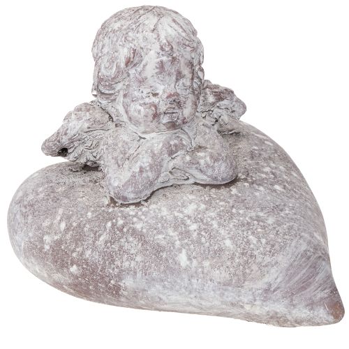 Figura decorativa de ángel sobre corazón realizada en piedra fundida 15×13,5×12cm