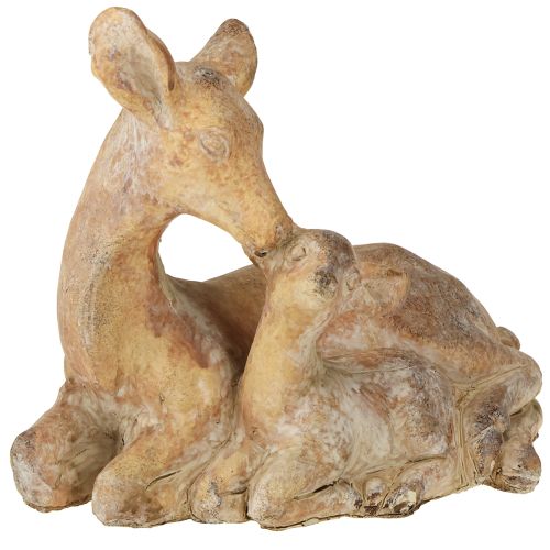 Figura decorativa de ciervo con cervatillo en fundición de piedra marrón y blanca 20×11×17cm