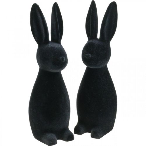 Conejito decorativo negro (2.ª opción) - Conejito de Pascua decorativo flocado H29,5 cm (2 unidades)