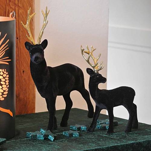 Artículo Ciervos decorativos flocados negro, dorado 20cm 2 piezas