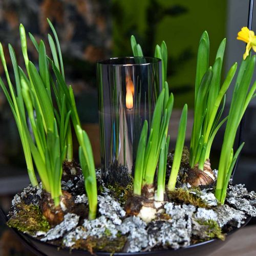 Floristik24 Vela decorativa en vaso plateado, luz LED blanco cálido, cera real, temporizador, funciona con pilas Ø7,3cm H17,7cm