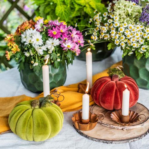 Artículo Calabaza decorativa flocada mix naranja, verde, rojo decoración otoñal 16cm 3 piezas