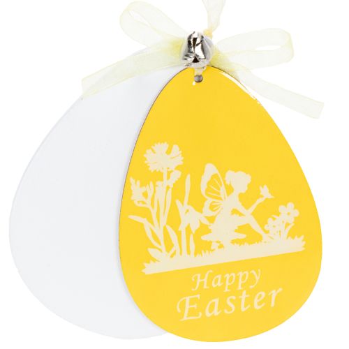 Artículo Huevos de Pascua decorativos para colgar, blancos y amarillos, de madera, decoración de Pascua, decoración de primavera, 6 piezas