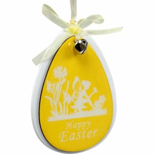 Artículo Huevos de Pascua decorativos para colgar madera blanca, amarilla Decoración de Pascua decoración de primavera 6pcs