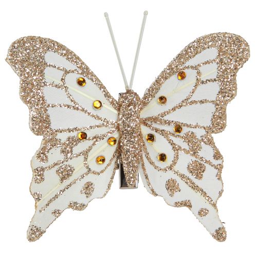 Artículo Decoración de plumas mariposas en oro con clip 7,5x7cm 4 piezas