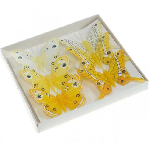Floristik24 Mariposas decorativas mariposa de plumas amarillas en alambre 7.5cm 6pcs