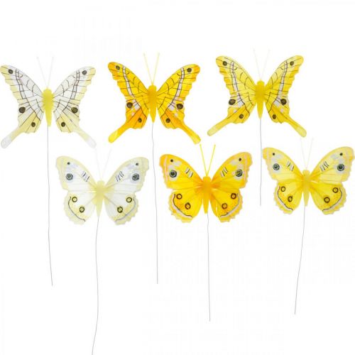 Floristik24 Mariposas decorativas mariposa de plumas amarillas en alambre 7.5cm 6pcs