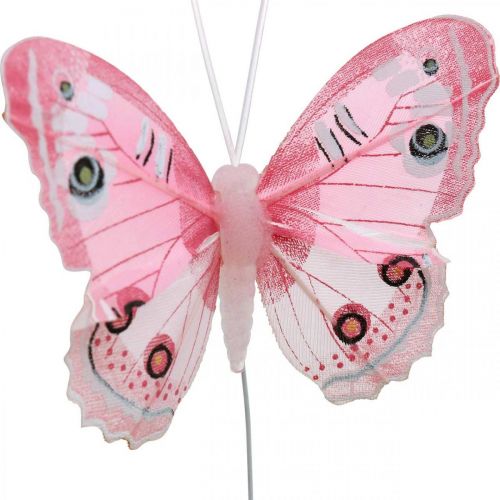 Floristik24 Mariposas decorativas mariposa de plumas rosas sobre alambre 7.5cm 6pcs