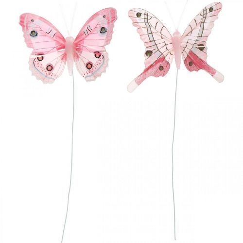 Floristik24 Mariposas decorativas mariposa de plumas rosas sobre alambre 7.5cm 6pcs