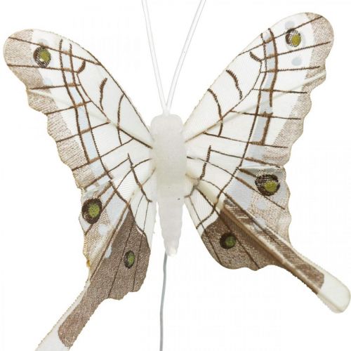 Floristik24 Mariposas decorativas blancas, mariposas de plumas marrones sobre alambre 7.5cm 6pcs