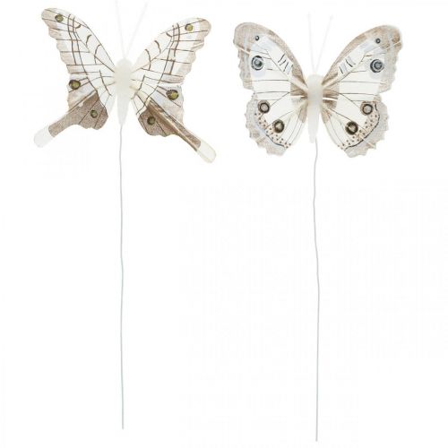 Floristik24 Mariposas decorativas blancas, mariposas de plumas marrones sobre alambre 7.5cm 6pcs