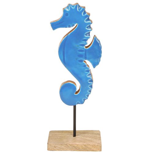 Artículo Decoración de mesa de madera con caballito de mar decorativo azul natural H28cm