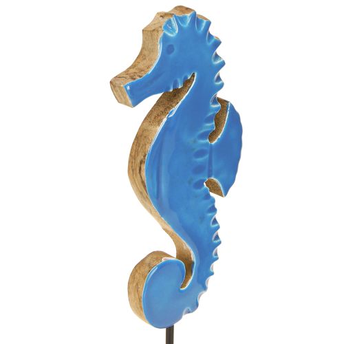 Artículo Decoración de mesa de madera con caballito de mar decorativo azul natural H28cm