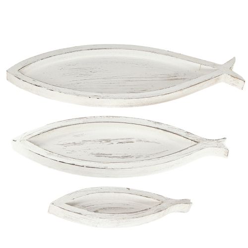 Artículo Bandeja decorativa de madera con forma de pez, color blanco y natural, L30/40/50 cm, juego de 3