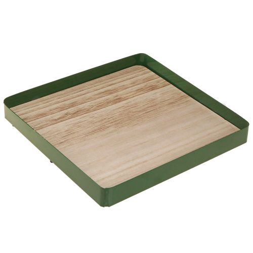 Bandeja decorativa de metal cuadrada base de madera verde 25,5×25,5cm