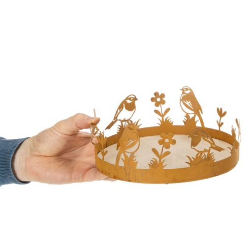 Bandeja decorativa, adorno de mesa con pájaros, decoración primaveral, metal oxidado, Ø20cm H8.5cm | Floristik24.es