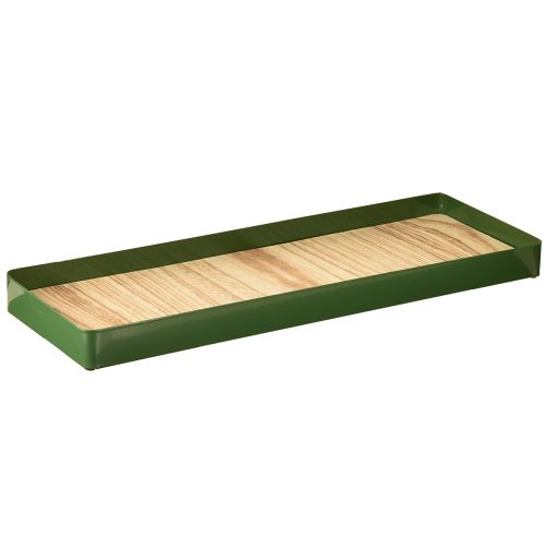Bandeja decorativa rectangular de metal verde base de madera 41×14cm