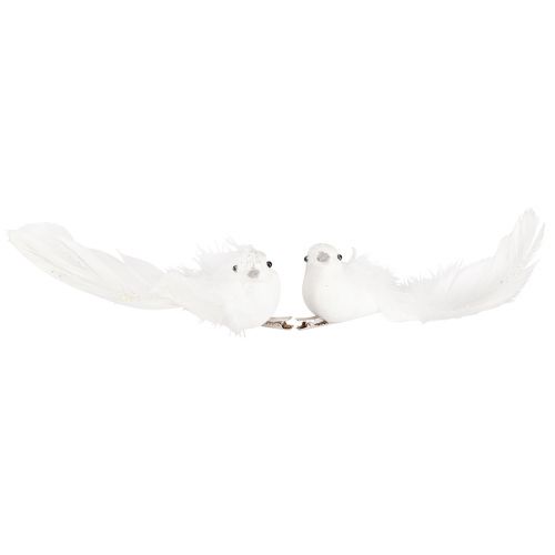 Artículo Palomas decorativas en clip pareja de palomas con plumas y purpurina blanco 16cm 2 uds