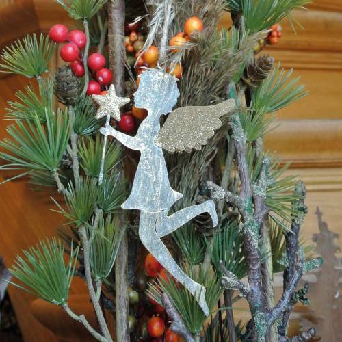Floristik24 Ángel decorativo con varita mágica para colgar metal dorado, plateado 15,5cm × 9,5cm 3ud
