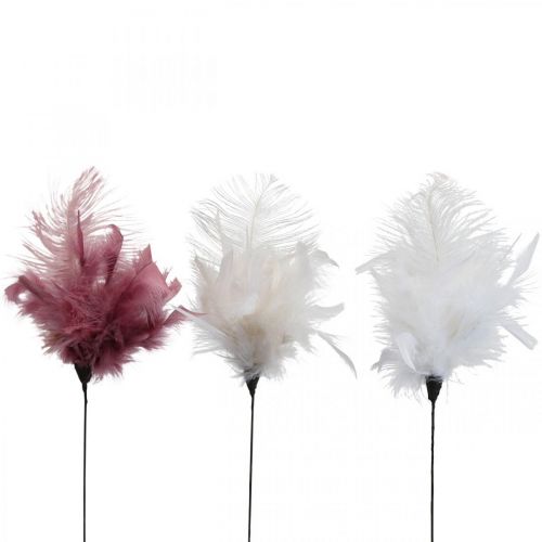 Floristik24 Plumas decorativas en el palo plumas de ave blanco/crema/rosa oscuro 3 piezas