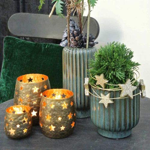 Artículo Jarrón decorativo, arreglos florales, decoraciones de mesa, jarrón de cerámica ondulada verde, marrón Ø15cm H30.5cm
