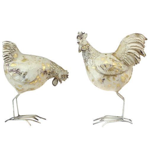 Floristik24 Pollos decorativos oro blanco gallo gallina vintage L13cm 2 piezas