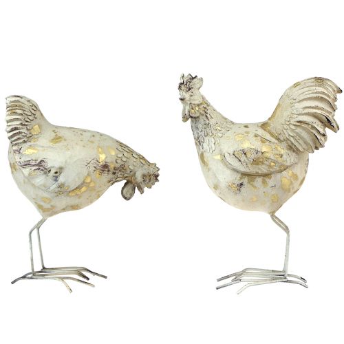 Artículo Pollos Decorativos Oro Blanco Gallo Gallina Vintage L13cm 2ud