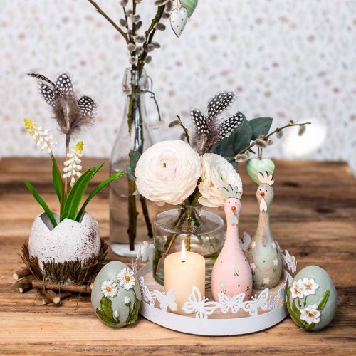 Floristik24 Deco pollo madera rosa, verde Pascua decoración figura Ø5cm H15cm 2pcs