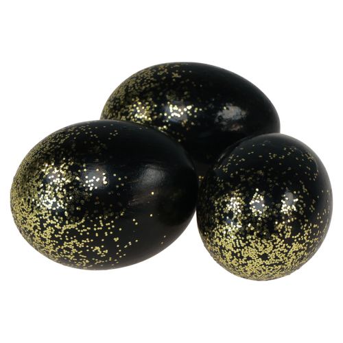 Floristik24 Huevos de Pascua decorativos huevo de ganso auténtico negro con purpurina dorada Al 7,5–8,5 cm 10 unidades