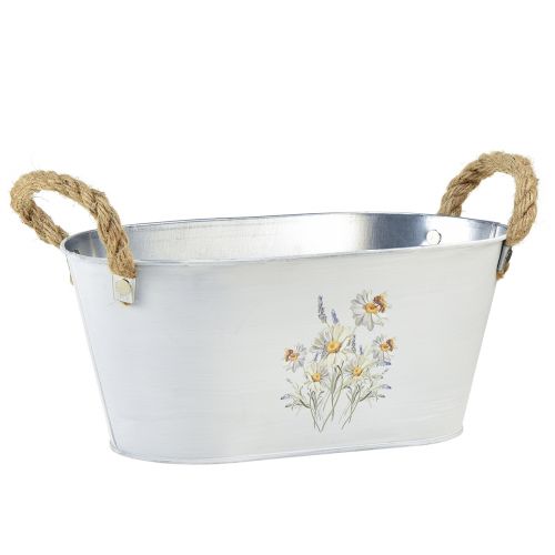 Artículo Cuenco decorativo ovalado de metal blanco con decoración de flores naturales L26cm