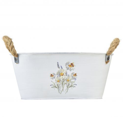 Artículo Cuenco decorativo ovalado de metal blanco con decoración de flores naturales L26cm