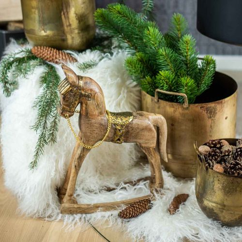 Floristik24 Caballo mecedor decorativo madera maciza naturaleza navideña, dorado 28 × 39 × 9,5cm