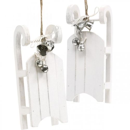 Artículo Trineo decorativo blanco plateado con cordón de campana L13cm 4 piezas