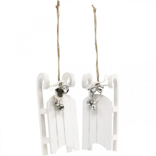 Artículo Trineo decorativo blanco plateado con cordón de campana L13cm 4 piezas