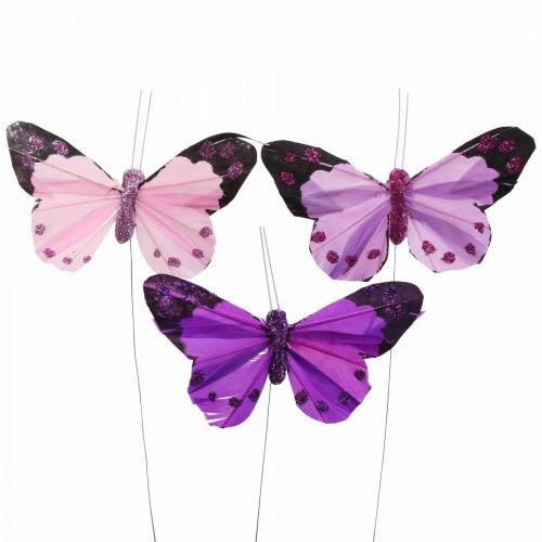 Floristik24 Deco mariposa en alambre plumas mariposas violeta/rosa 9,5cm 12uds