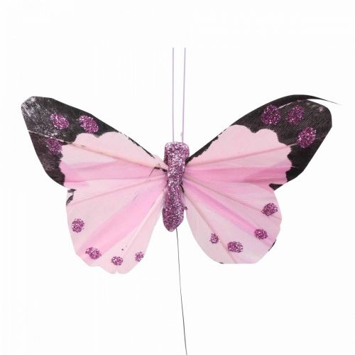 Floristik24 Deco mariposa en alambre plumas mariposas violeta/rosa 9,5cm 12uds