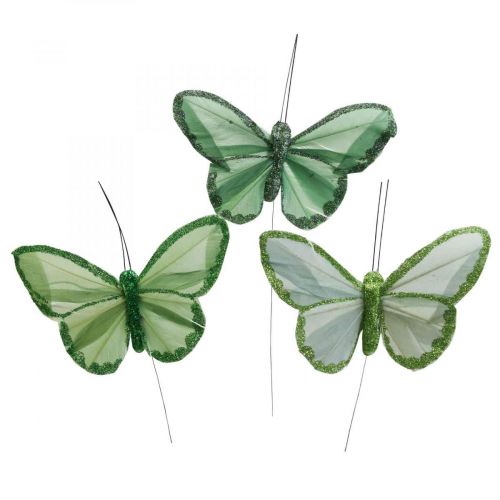 Artículo Mariposas decorativas mariposas de plumas verdes en alambre 10cm 12pcs
