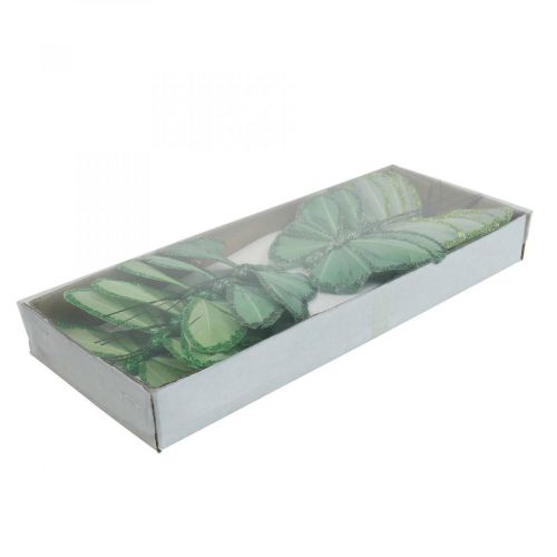 Artículo Mariposas decorativas mariposas de plumas verdes sobre alambre 10cm 12 piezas