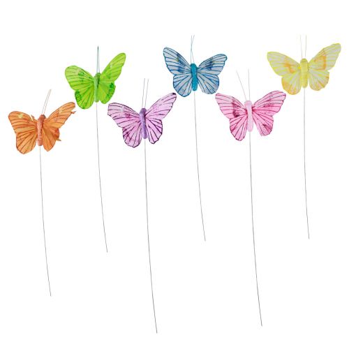 Mariposas decorativas sobre alambre plumas de colores 5,5×8cm 12ud