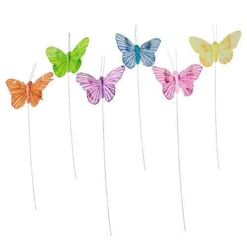 Artículo Mariposas decorativas sobre alambre plumas de colores 5,5×8cm 12 piezas