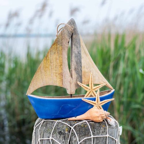 Floristik24 Deco velero madera mango, barco de madera azul H27.5cm