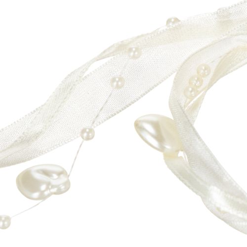 Artículo Cinta decorativa, color crema, corazones, perlas, decoración para bodas, 10 mm, 5 m