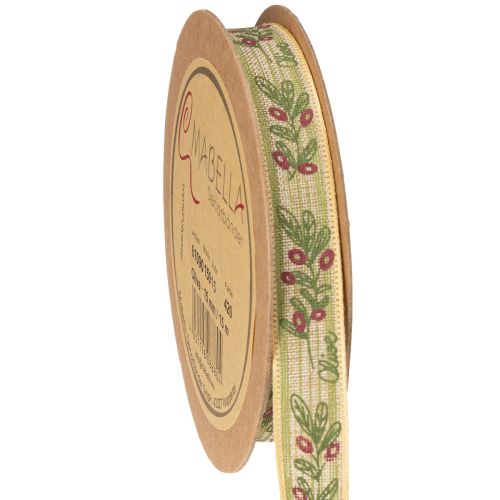 Cinta de regalo rama de olivo con elegantes ramas y aceitunas 1,5cm 15m