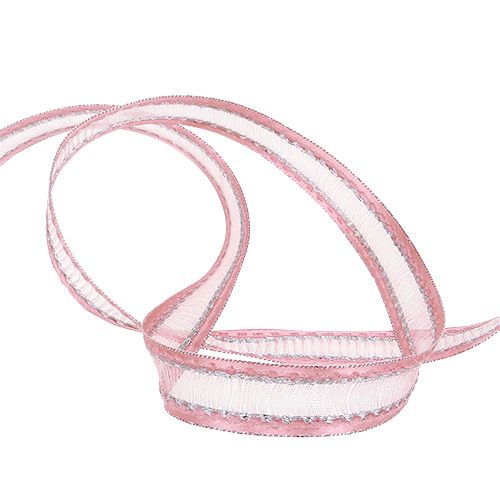 Floristik24 Cinta decorativa rosa con rayas lurex en plata 15mm 20m