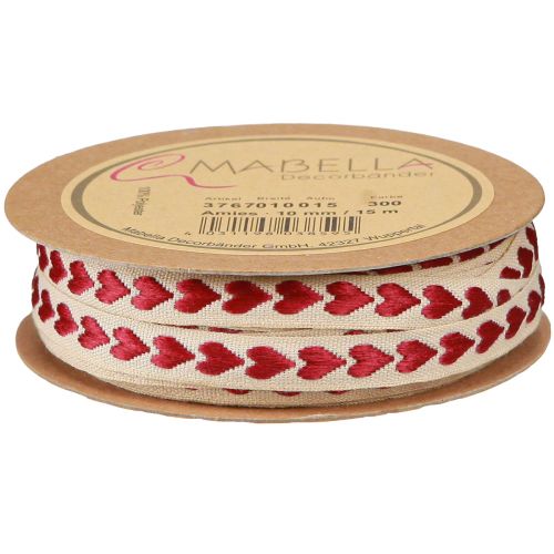 Artículo Cinta decorativa con corazones rojos cinta de regalo beige 10mm 15m