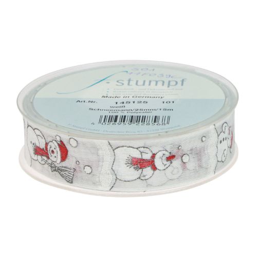 Artículo Cinta de regalo Navidad muñeco de nieve rojo blanco 25mm 15m