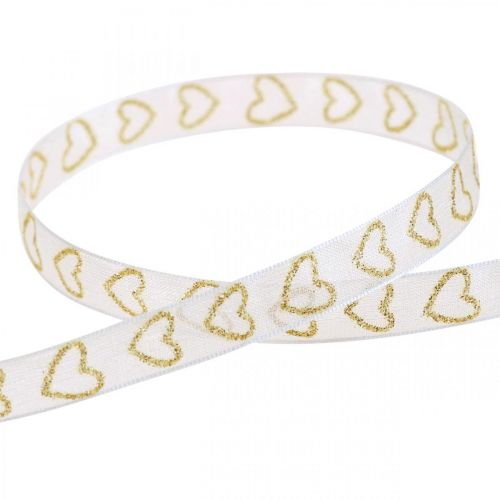 Floristik24 Cinta decorativa blanca cinta de regalo corazón oro brillo 10mm 20m