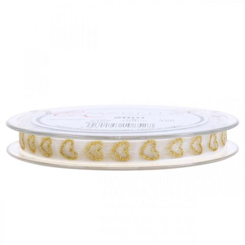 Floristik24 Cinta decorativa blanca cinta de regalo corazón oro brillo 10mm 20m