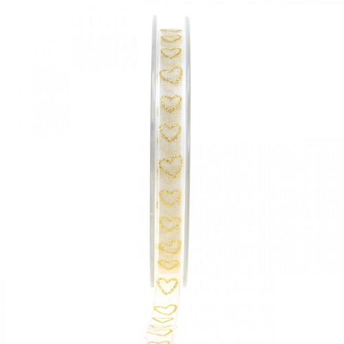 Floristik24 Cinta decorativa blanca cinta de regalo corazón oro brillo 10mm 20m